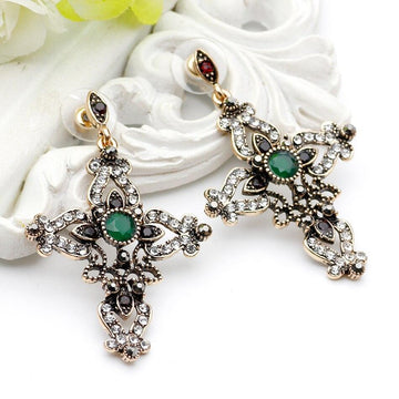 NEW Hollow Flower Antique Gold Color Vintage Cross Ethnic Retro Dangle Earrings - Religious Jewellery - The Jewellery Supermarket